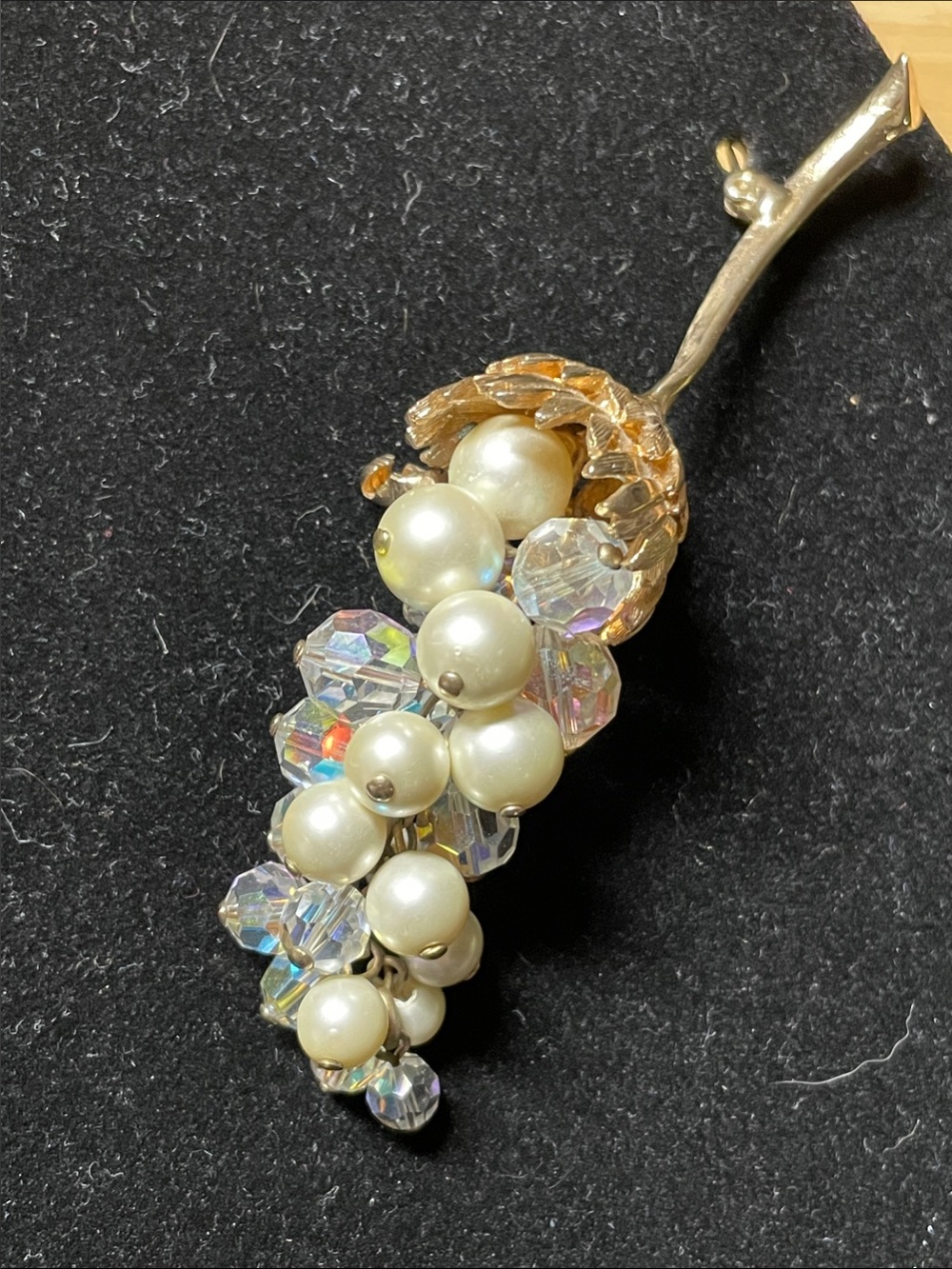 Vintage Pearl & Aurora Crystal Grape Cluster Brooch